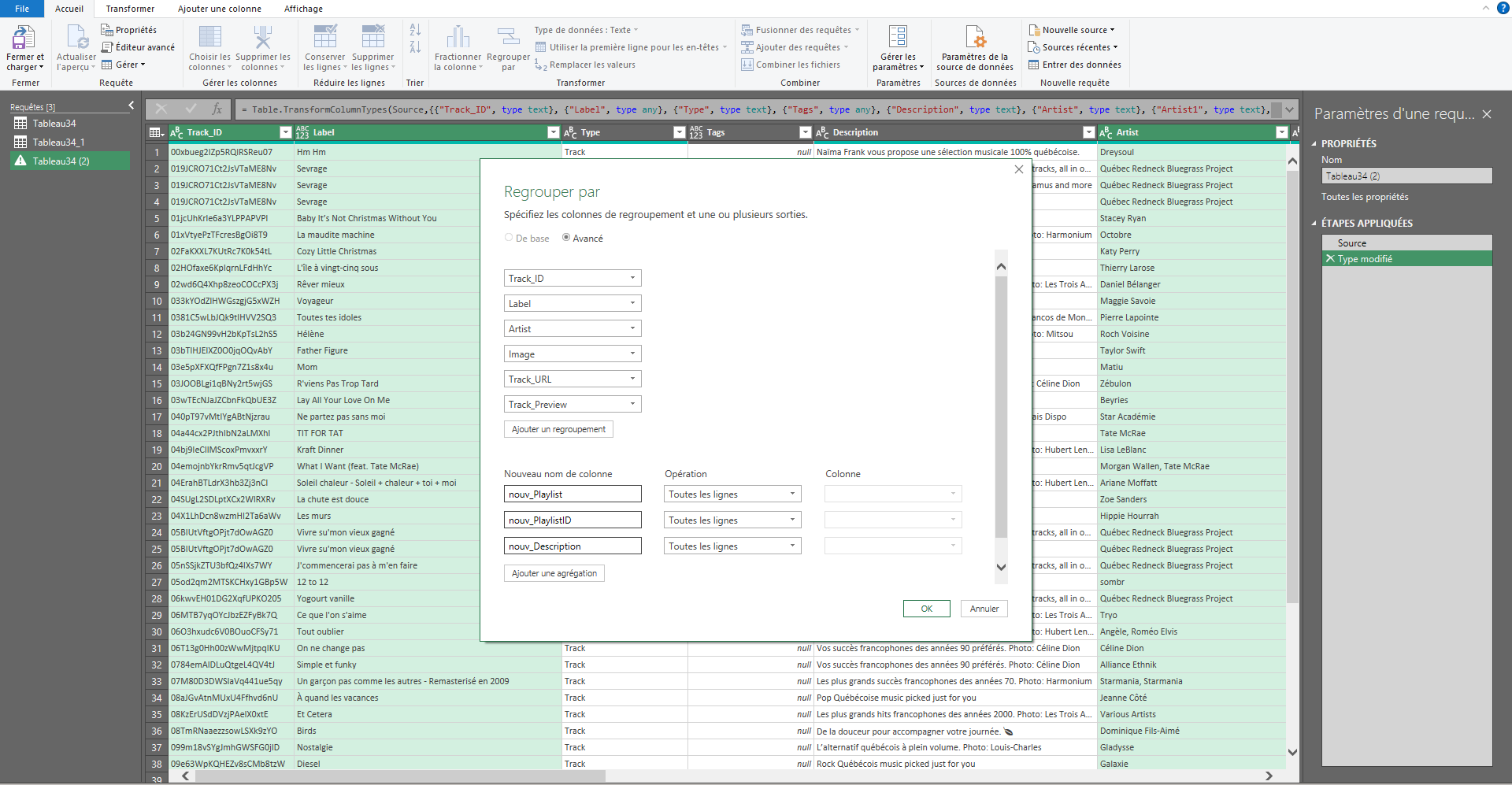 Fenêtre de sélection dans PowerQuery