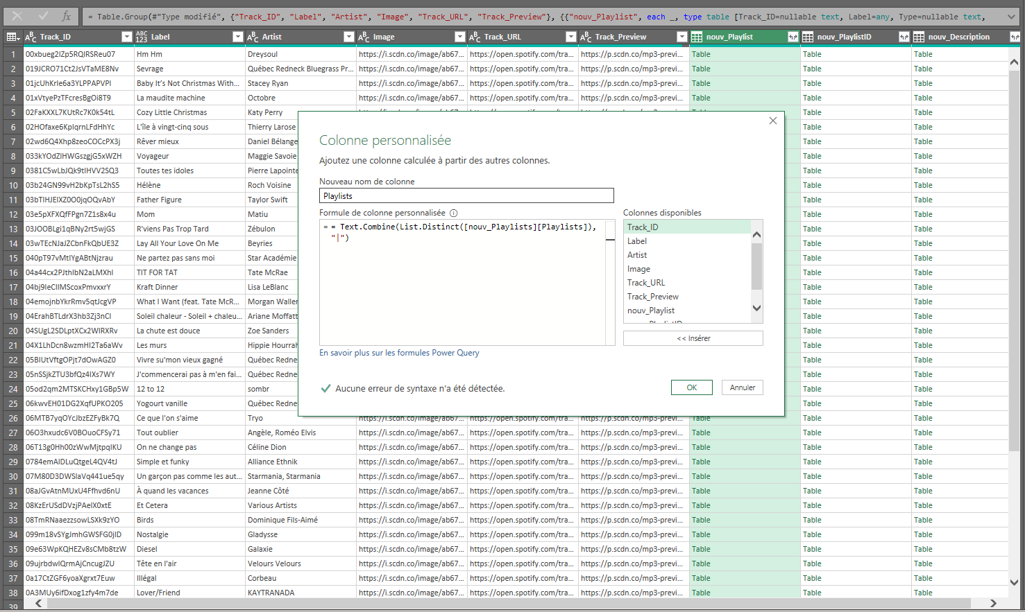 Fenêtre de création d’une colonne personnalisée dans PowerQuery