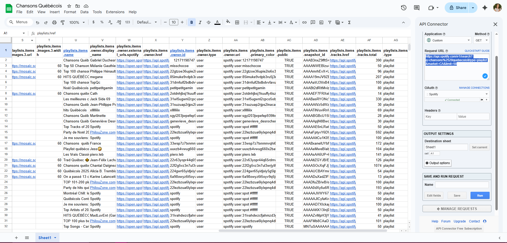 Feuille de calcul présentant les résultats d’une requête faite à partir de l’API Spotify pour le genre « Chansons Quebecois »