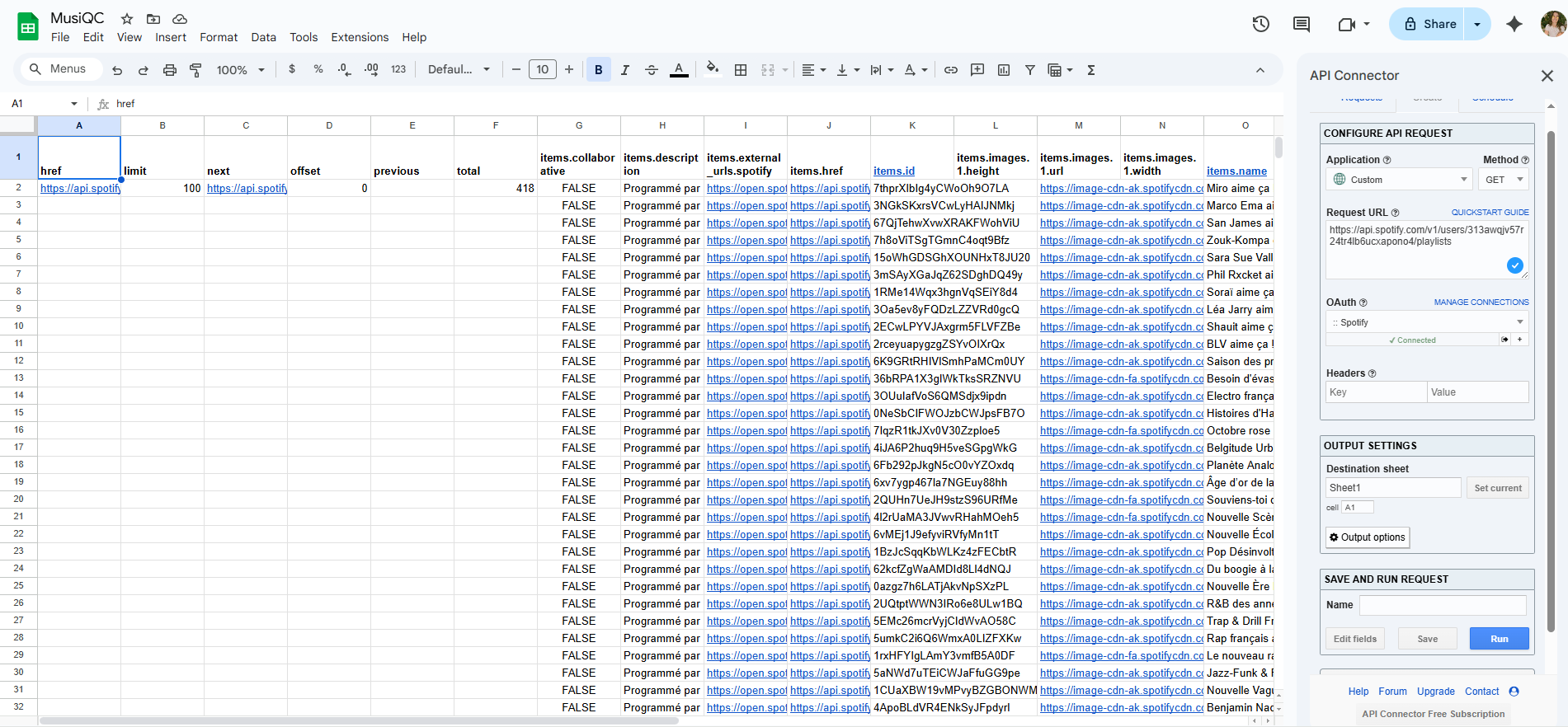 Feuille de calcul présentant les résultats d’une requête faite à partir de l’API Spotify pour le profil utilisateur MUSIQC
