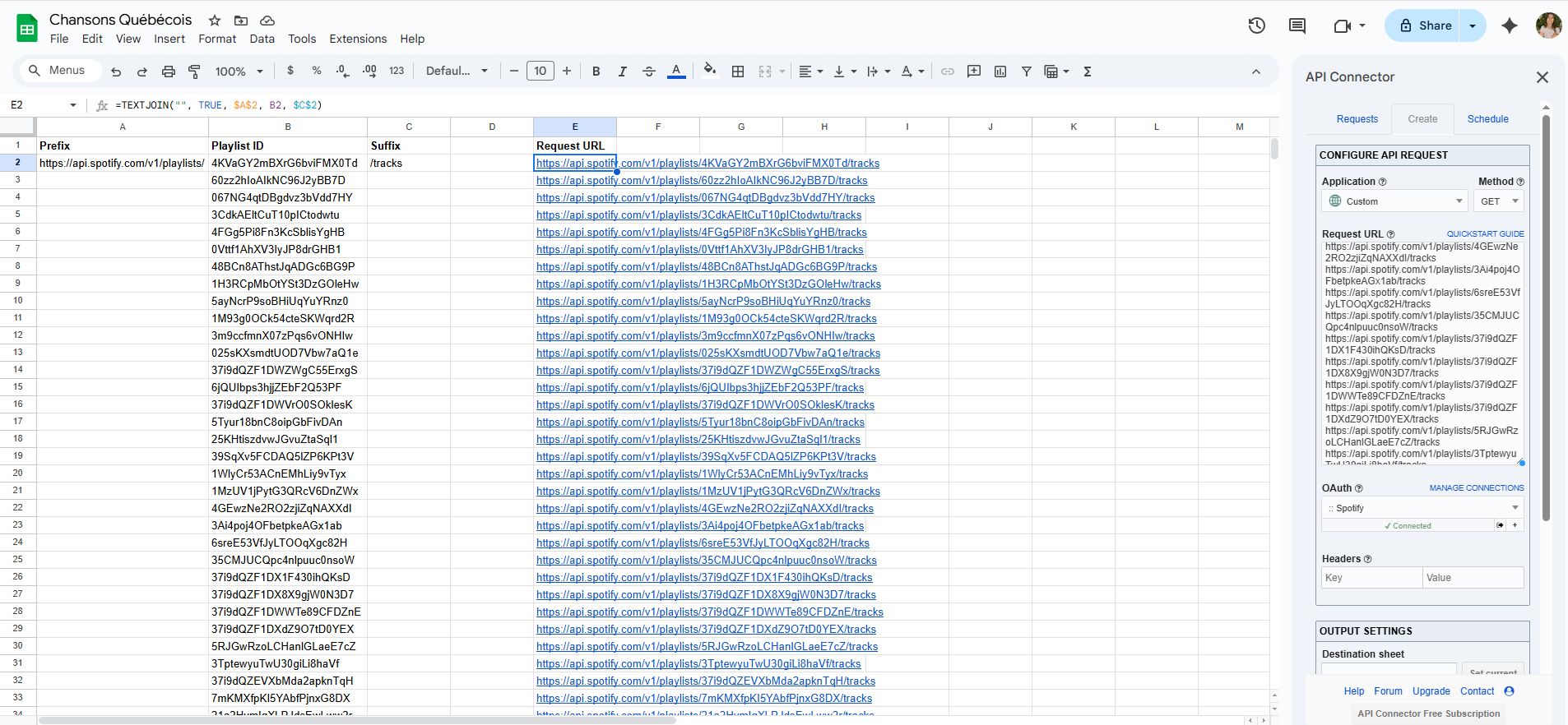 Feuille de calcul listant les identifiants uniques des listes de lecture et utilisant la formule textjoin pour générer des requêtes pour l’API